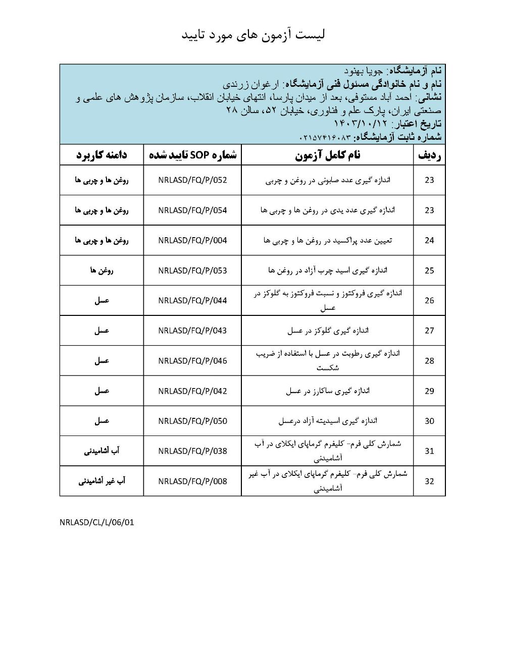 لیست آزمون های مورد تایید